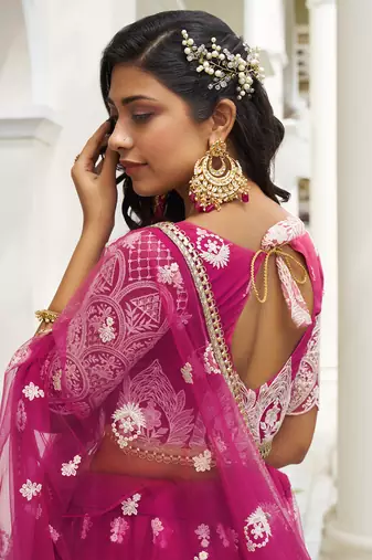 bewitching rani pink thread work net lehenga set choli with dupatta