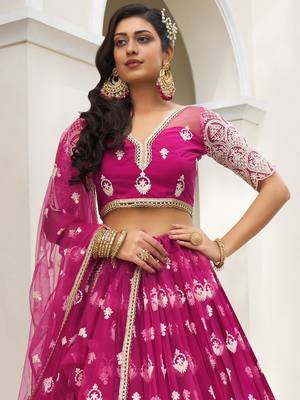 bewitching rani pink thread work net lehenga set choli with dupatta 6