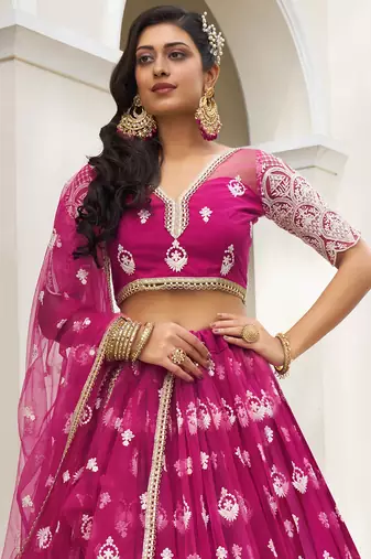 bewitching rani pink thread work net lehenga set choli with dupatta