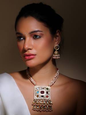 Red & cream jhumkas earring with kundan & american diamonds 1