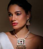 Red & cream jhumkas earring with kundan & american diamonds