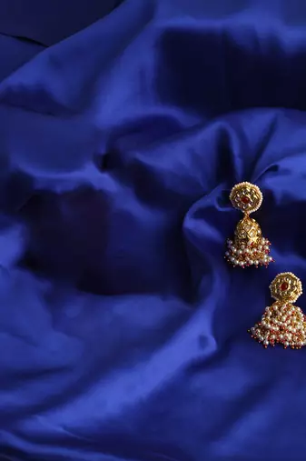 Red & cream jhumkas earring with kundan & american diamonds