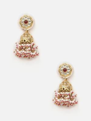 Red & cream jhumkas earring with kundan & american diamonds 3