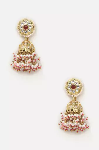 Red & cream jhumkas earring with kundan & american diamonds