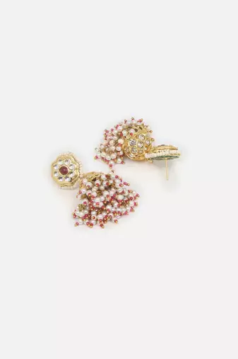 Red & cream jhumkas earring with kundan & american diamonds