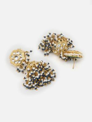 Blue & cream jhumkas earring with kundan & american diamonds 4