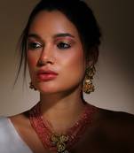 Green & cream jhumkas earring with kundan & american diamonds