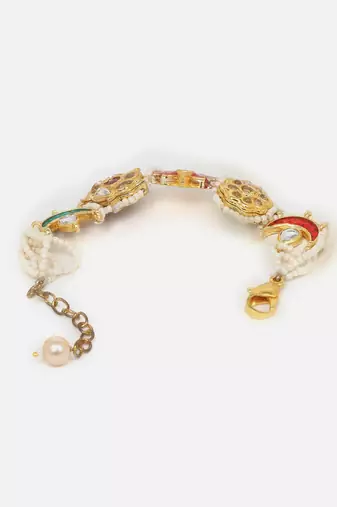 Red & pink adjustable bracelet with kundan & pearls