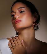 Red gold and cream adjustable ring with kundan & pearls