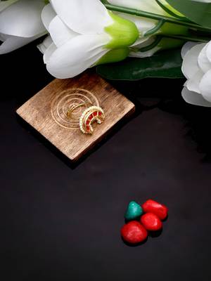 Red gold and cream adjustable ring with kundan & pearls 2