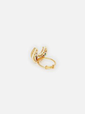 Red gold and cream adjustable ring with kundan & pearls 4