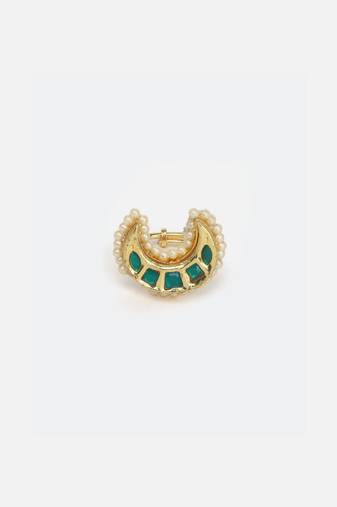 Green gold and cream adjustable ring with kundan & pearls