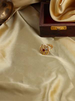Red & cream adjustable ring with kundan & pearls 1
