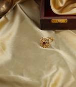 Red & cream adjustable ring with kundan & pearls