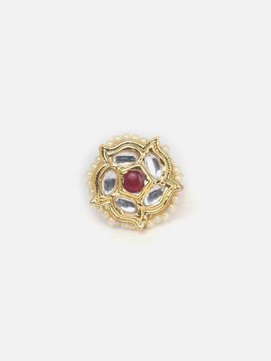 Red & cream adjustable ring with kundan & pearls 3