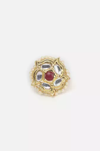 Red & cream adjustable ring with kundan & pearls