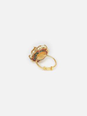 Red & cream adjustable ring with kundan & pearls 4