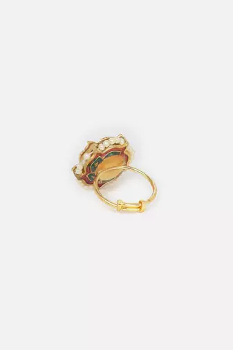 Red & cream adjustable ring with kundan & pearls