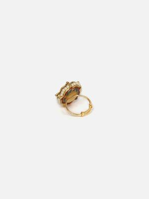 Green & cream adjustable ring with kundan & pearls 4
