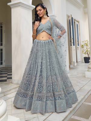 blue net hand embroidered lehenga 1