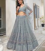 blue net hand embroidered lehenga