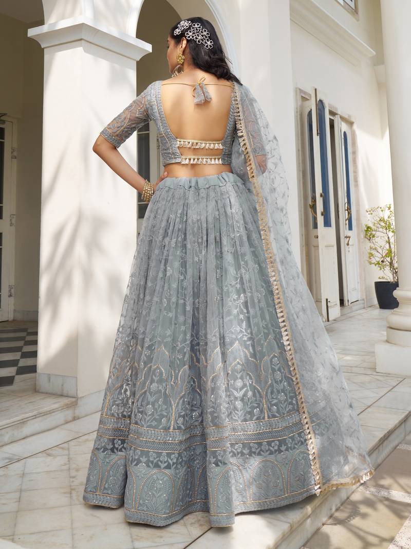 Blue Net Hand Embroidered Lehenga