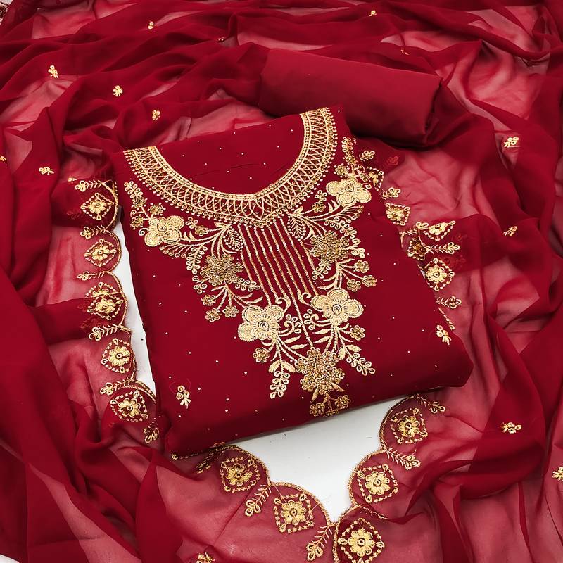 Maroon EMBROIDERED GEORGETTE SUIT UNSTITCHED