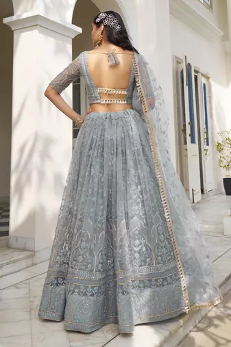 blue net hand embroidered lehenga