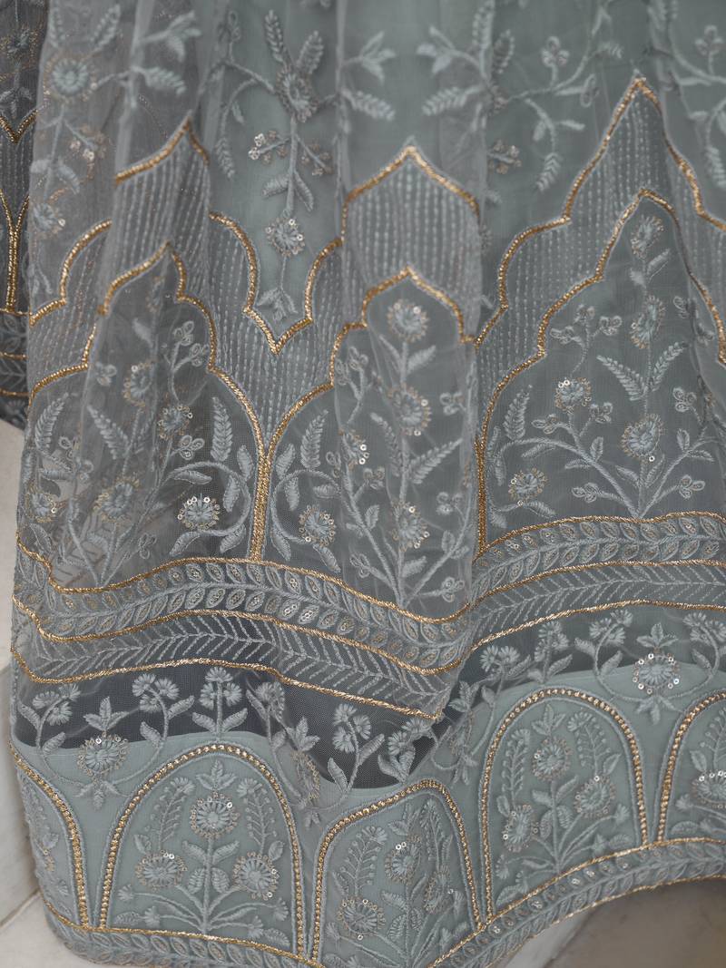 Blue Net Hand Embroidered Lehenga