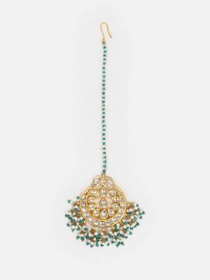 Green & cream maang tikka head jewellery with kundan & pearls 1