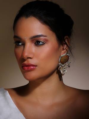 Gray & yellow drop earring with kundan & pearls 2