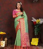 Vedant Vastram Women'S Parrot Color Kanjeevaram Organza Silk Blend Saree 
