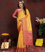 Vedant Vastram Women'S Mustard Color Kanjeevaram Organza Silk Blend Saree 