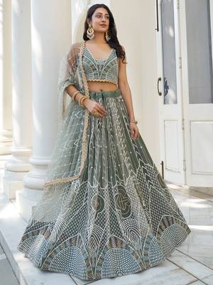 dusty green thread work net lehenga set choli with dupatta 1