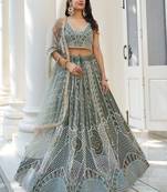 dusty green thread work net lehenga set choli with dupatta