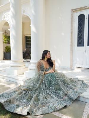 dusty green thread work net lehenga set choli with dupatta 2