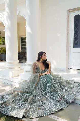 dusty green thread work net lehenga set choli with dupatta