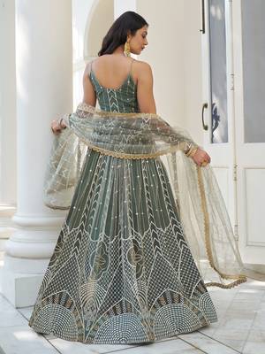 dusty green thread work net lehenga set choli with dupatta 3