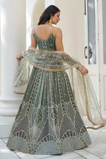 dusty green thread work net lehenga set choli with dupatta