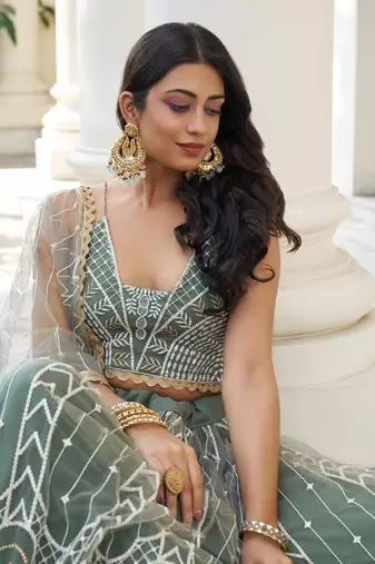 dusty green thread work net lehenga set choli with dupatta