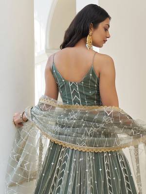 dusty green thread work net lehenga set choli with dupatta 5