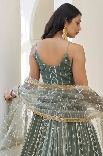 dusty green thread work net lehenga set choli with dupatta