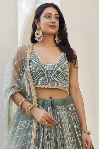 dusty green thread work net lehenga set choli with dupatta