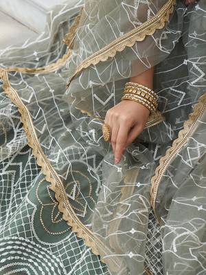 dusty green thread work net lehenga set choli with dupatta 7