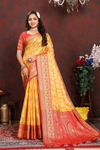 Vedant Vastram Women'S Mustard Color Kanjeevaram Organza Silk Blend Saree 