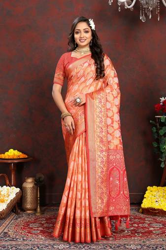 Vedant Vastram Women'S Orange Color Kanjeevaram Organza Silk Blend Saree 