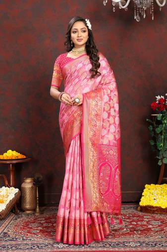 Vedant Vastram Women'S Pink Color Kanjeevaram Organza Silk Blend Saree 