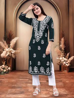 hand embroidered dark green rayon lucknowi chikan kurta 1