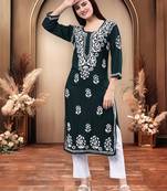 hand embroidered dark green rayon lucknowi chikan kurta