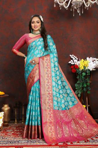 Vedant Vastram Women'S Turquoise Color Kanjeevaram Organza Silk Blend Saree 